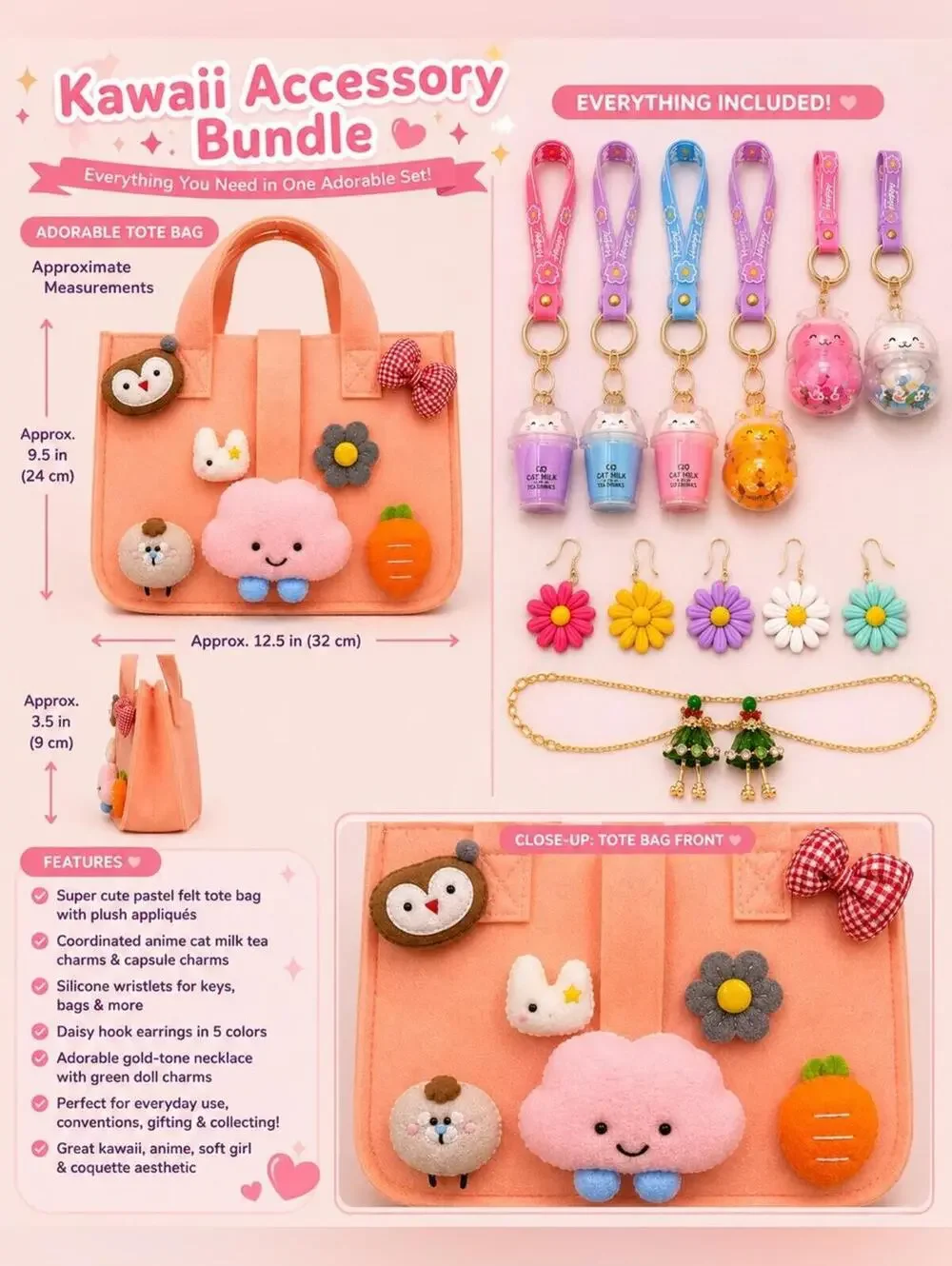 Kawaii Pastel Pink Tote Bag Accessory Bundle with Plush Appliques and Charms